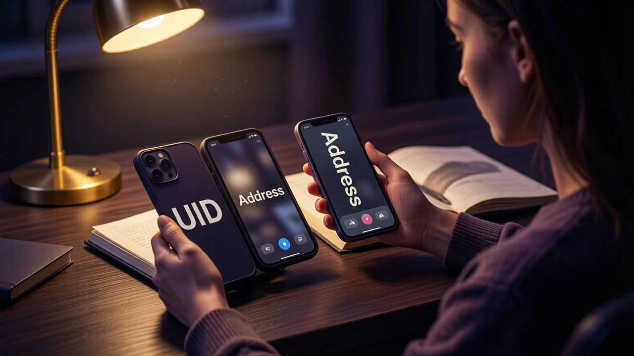 A woman writer at a desk at night comparing two smartphones laid side by side, one screen showing the large letters "UID" and the other the large word "Address", a paper notebook open beside them, plum shadows and one warm gold desk lamp