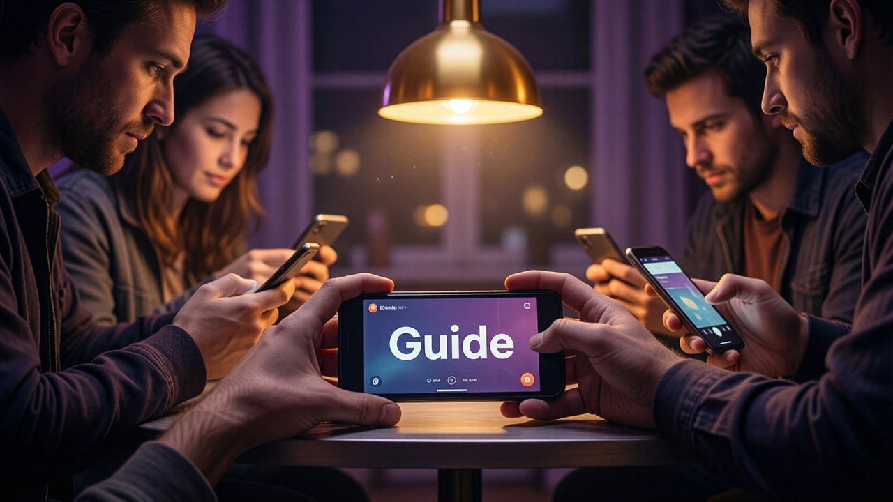 Three people around a small table at night in a dim plum-lit room, each looking at their own smartphone, the nearest phone screen facing the camera with the large word "Guide" on it, one warm gold pendant lamp above