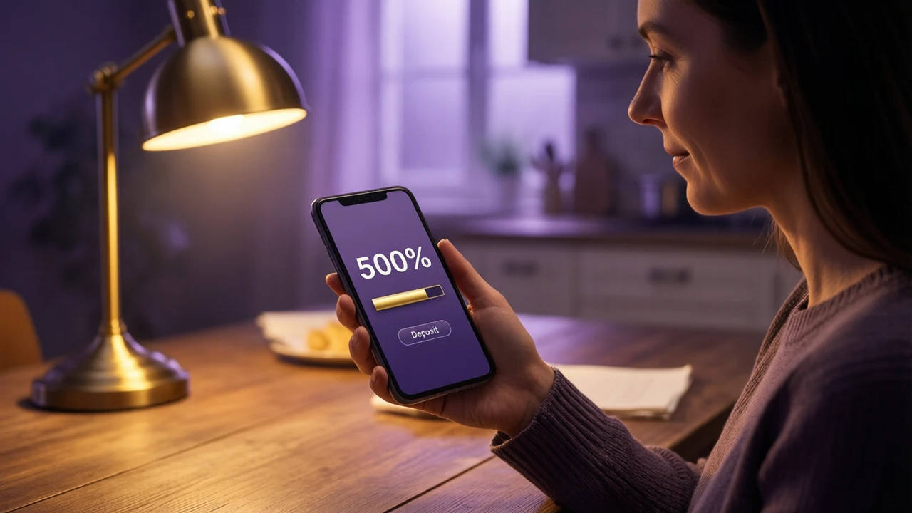 A woman at a kitchen table in the evening looking at a smartphone held flat in her palm, the screen facing the camera and showing the large number "500%" printed flat above a short gold bar and one button reading "Deposit", lavender light behind her, warm gold lamp