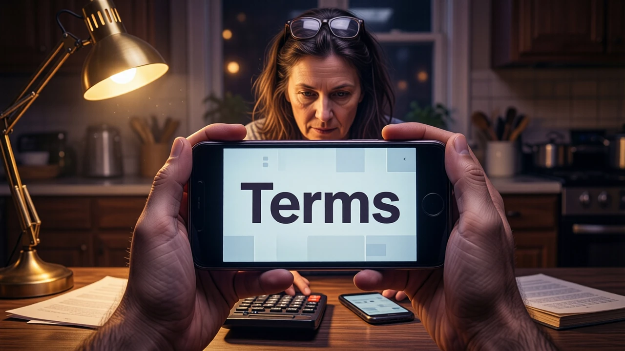 A woman in her forties with shoulder-length dark hair and reading glasses pushed up on her head, sitting at a kitchen table at night with a calculator and a smartphone, the phone screen facing the camera and showing the large word "Terms", warm gold lamp light and plum shadows