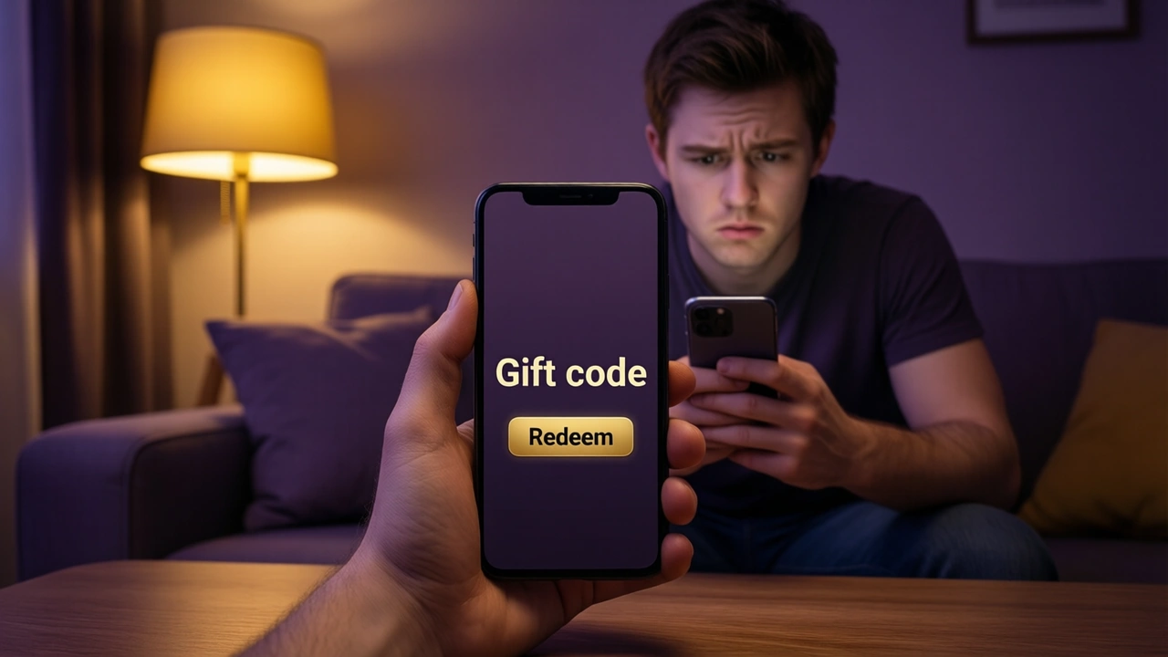 A young man sitting on a sofa at night looking at his smartphone with a doubtful expression, the phone screen turned towards the camera and showing one large line "Gift code" above a single gold button reading "Redeem", dim plum room, warm gold lamp light
