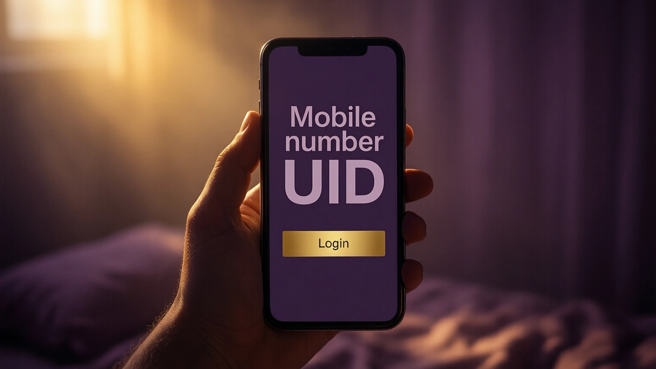 A hand holding a smartphone upright in a dim plum-toned room, the screen filling most of the frame and showing two large words "Mobile number" and "UID" stacked one above the other with one wide gold button reading "Login" beneath them, warm gold light from the upper left