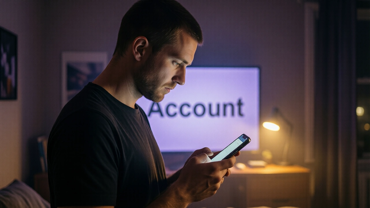 A man in his late twenties with short hair and a plain dark shirt standing in a dim room at night, looking down at a smartphone in his hand, the screen turned slightly to the camera and showing the large word "Account", lavender glow behind him and warm gold light in front