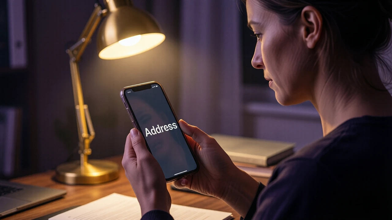 A woman in her thirties with her hair tied back sitting at a desk at night, holding a smartphone close and reading its screen, which shows the large word "Address" on a plain dark background, plum shadows and a warm gold lamp at her side