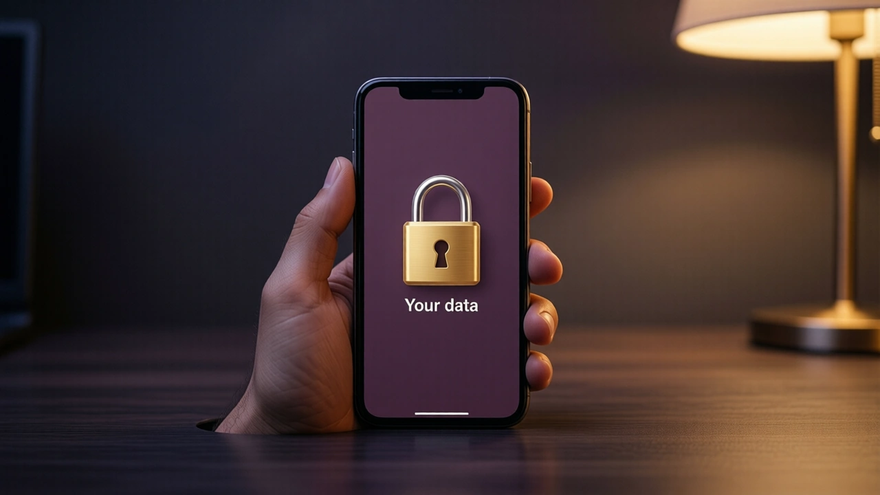 A smartphone standing upright on a dark desk at night, its screen showing a large gold padlock and the two words "Your data" beneath it on a plain plum background, a plain dark wall behind with no other screens or devices, soft warm lamp light from the side