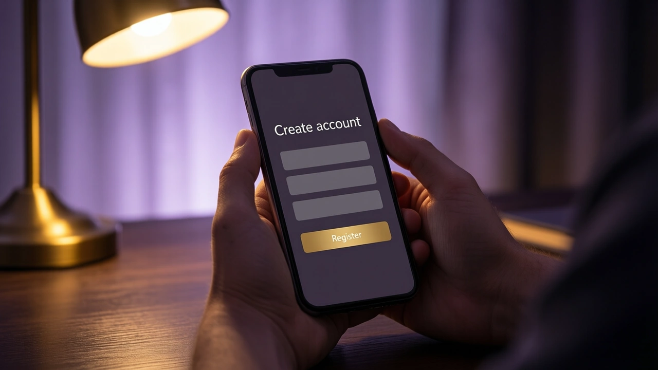 A person at a dark wooden desk at night holding a smartphone in both hands, the phone screen large in the frame and showing one heading "Create account" above three plain grey bars and a gold button reading "Register", soft lavender light behind, warm gold lamp from the left