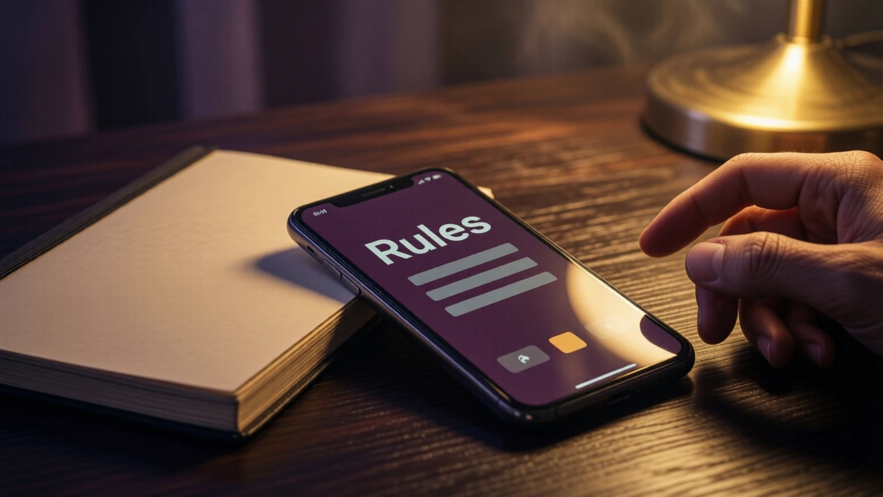 A smartphone lying on a dark wooden desk beside a closed paper notebook, its screen showing the large heading "Rules" with three short plain grey lines beneath it on a plum background, warm gold lamp light