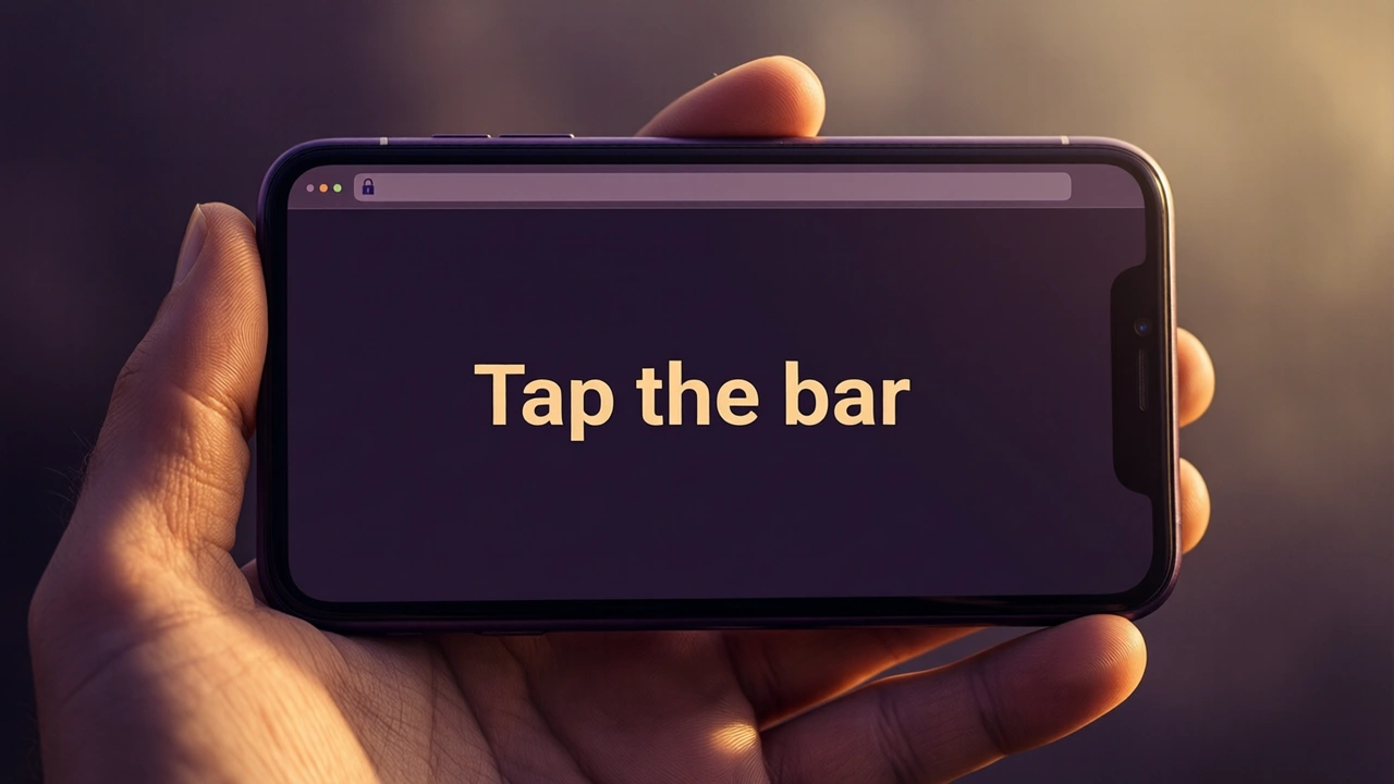 A close view of a smartphone held in one hand, the screen showing a slim browser bar at the top that holds only a small padlock icon, and the three large words "Tap the bar" in the middle of an otherwise empty dark screen, plum shadows, warm gold side light